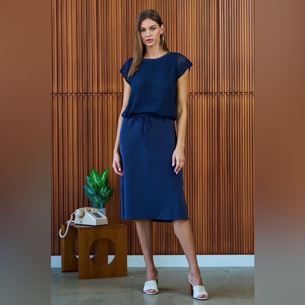 The Greii Overlay Midi Dress S NWT Drawstring Waist Side Slit Navy.